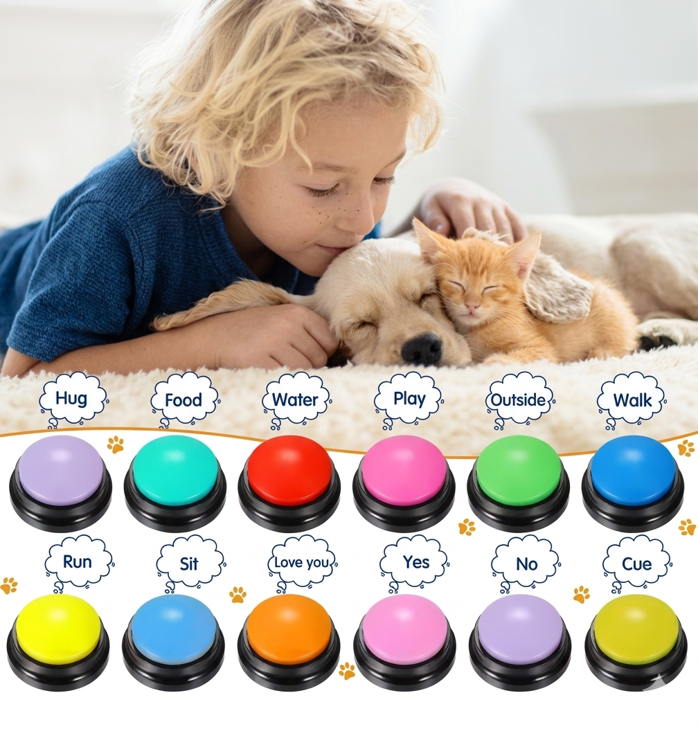 Recordable pet talking buttons for dogs and cats set of 4 in bright colors on white background