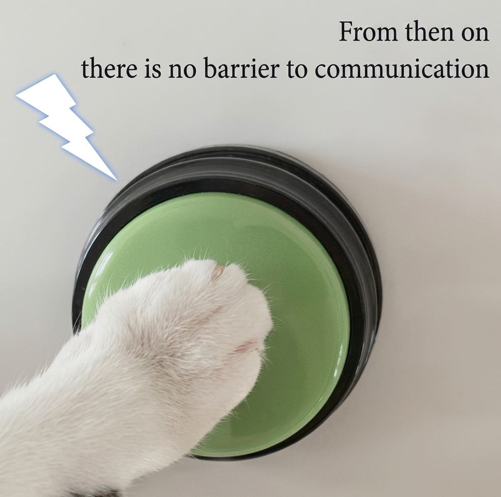  Dog pressing recordable talking button to communicate with owner at home
