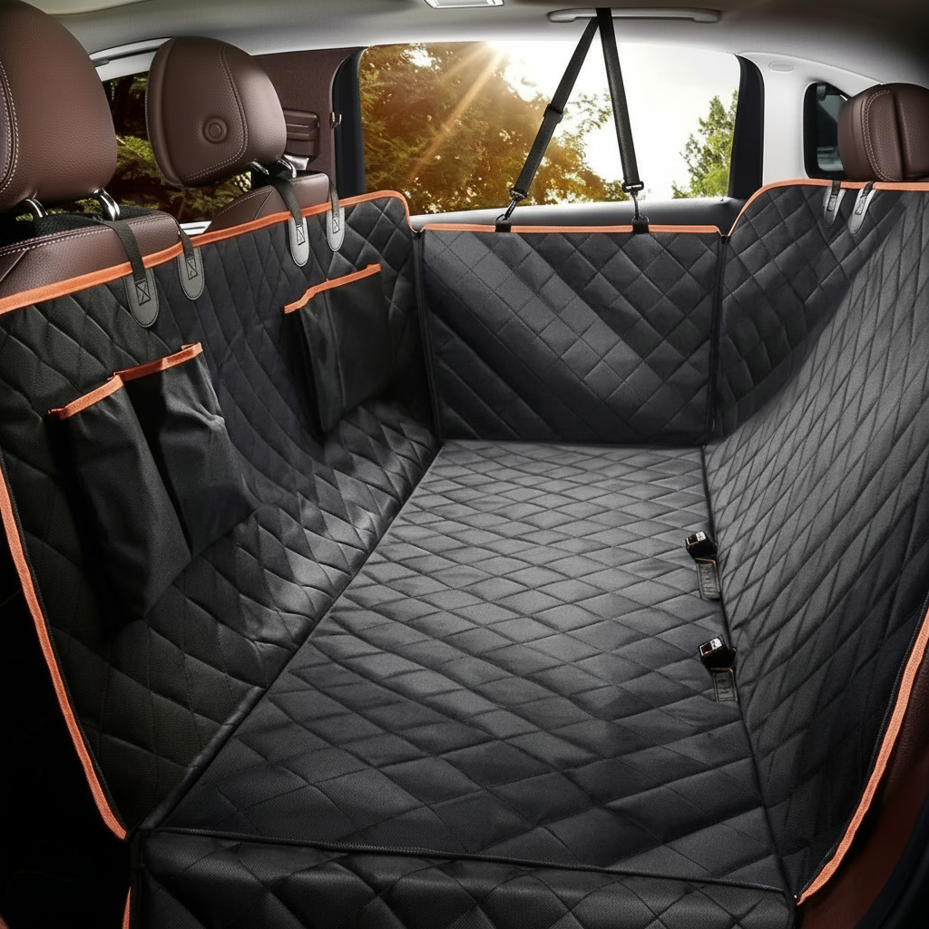 Waterproof pet car seat cover installed on back seat with dog sitting comfortably