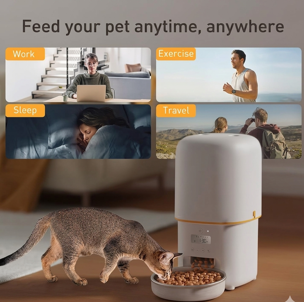 Cat eating from smart automatic pet feeder with programmed meal times