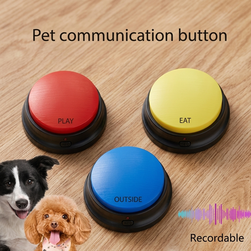 Close up of recordable pet button with sound recording feature for dog training