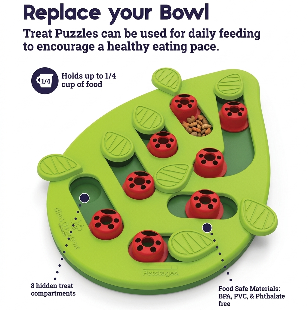 Cat using slow feeder puzzle bowl to slow down fast eating
