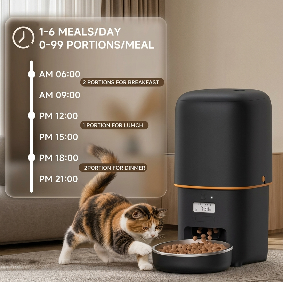 Automatic pet feeder app screen showing feeding schedule control
