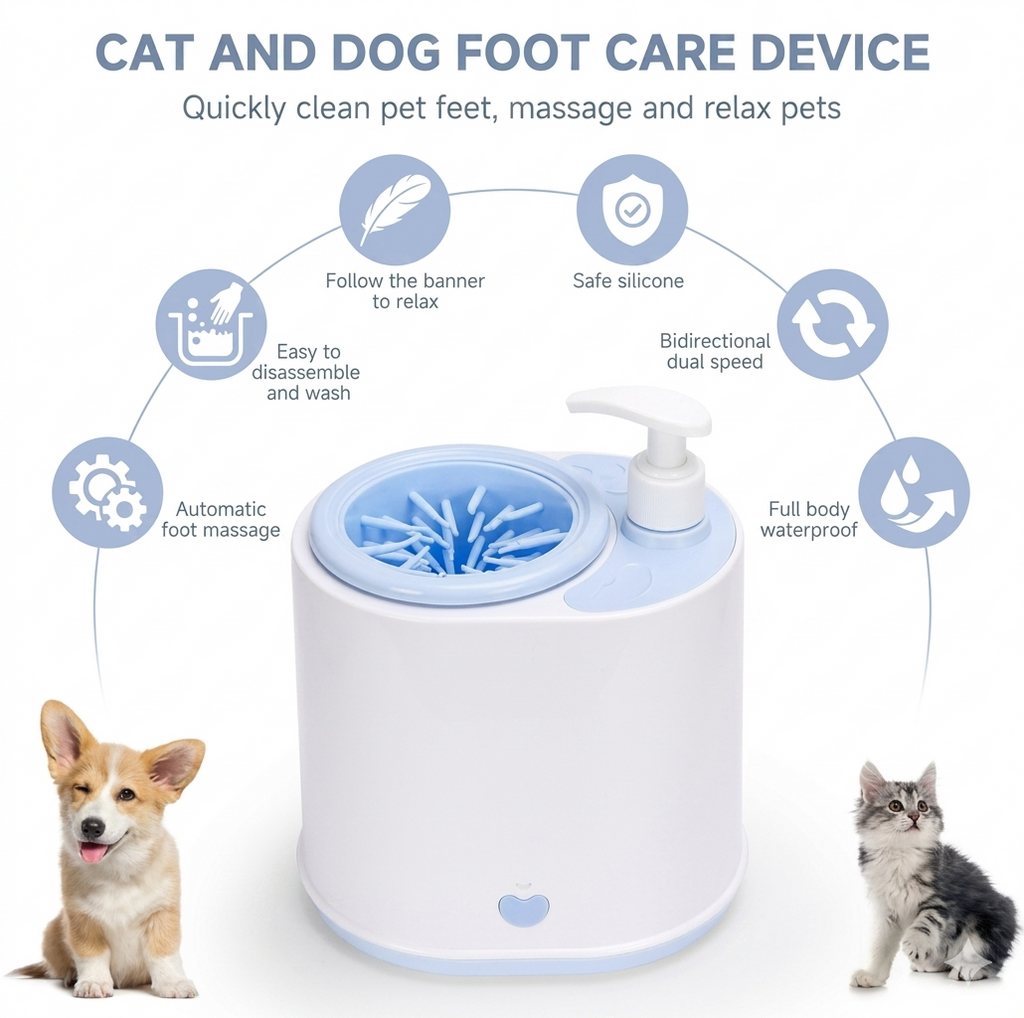 Owner using portable paw cleaner cup to wash muddy dog paw after walk